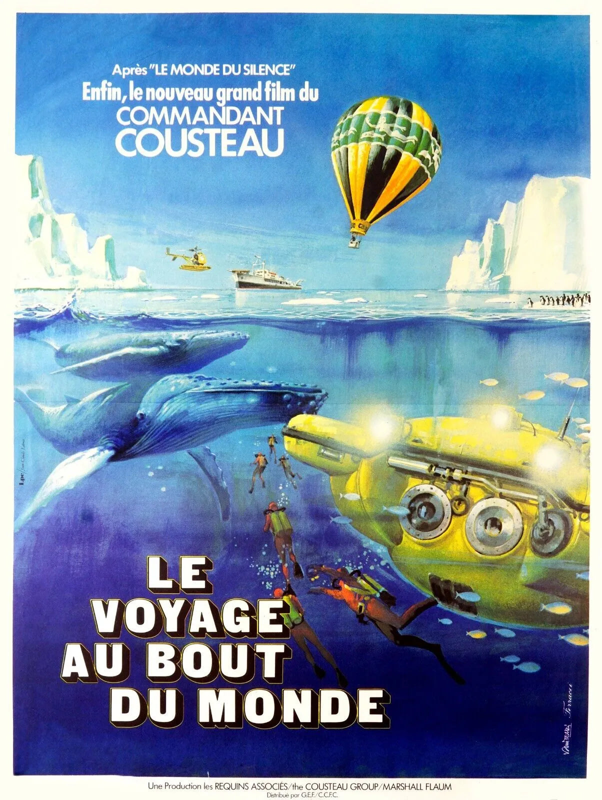 LE VOYAGE AU BOUT DU MONDE, COUSTEAU, REPRO AFFICHE DE CINEMA VINTAGE, HQ