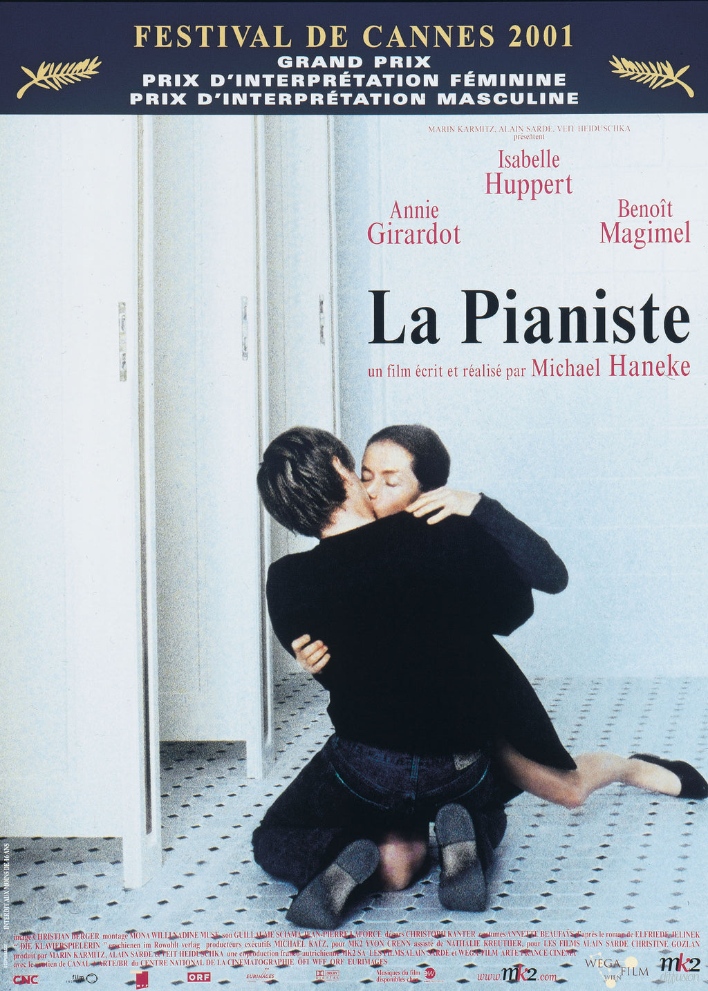 Affiche du film La Pianiste (2001) de Michael Haneke avec Isabelle Huppert. Grand Prix Cannes. Drame intense. Reproduction HQ Poster Hub.