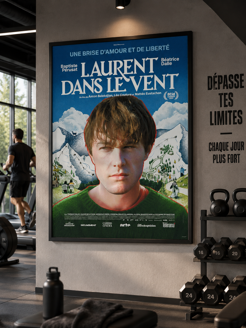 Affiche du film Laurent dans le Vent (2025) avec Baptiste Pérusat et Béatrice Dalle. Drame présenté à l’ACID Cannes 2025. Reproduction HQ.