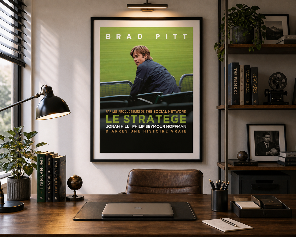 Affiche du film Le Stratège (2011) avec Brad Pitt. Un drame sportif inspiré d’une histoire vraie. Reproduction haute qualité – Poster Hub.