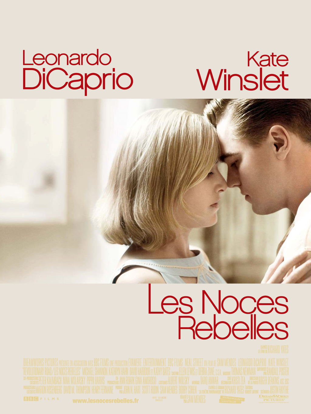 Affiche du film Les Noces Rebelles de Sam Mendes (2008). Drame romantique avec Leonardo DiCaprio et Kate Winslet. Reproduction HQ.