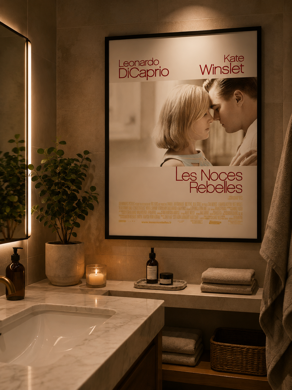 Affiche du film Les Noces Rebelles de Sam Mendes (2008). Drame romantique avec Leonardo DiCaprio et Kate Winslet. Reproduction HQ.