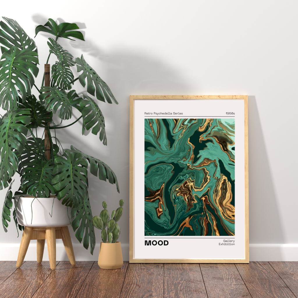 MOOD RETRO PSYCHEDELIA 1960s – ART ABSTRAIT MARBRÉ VERT ET OR