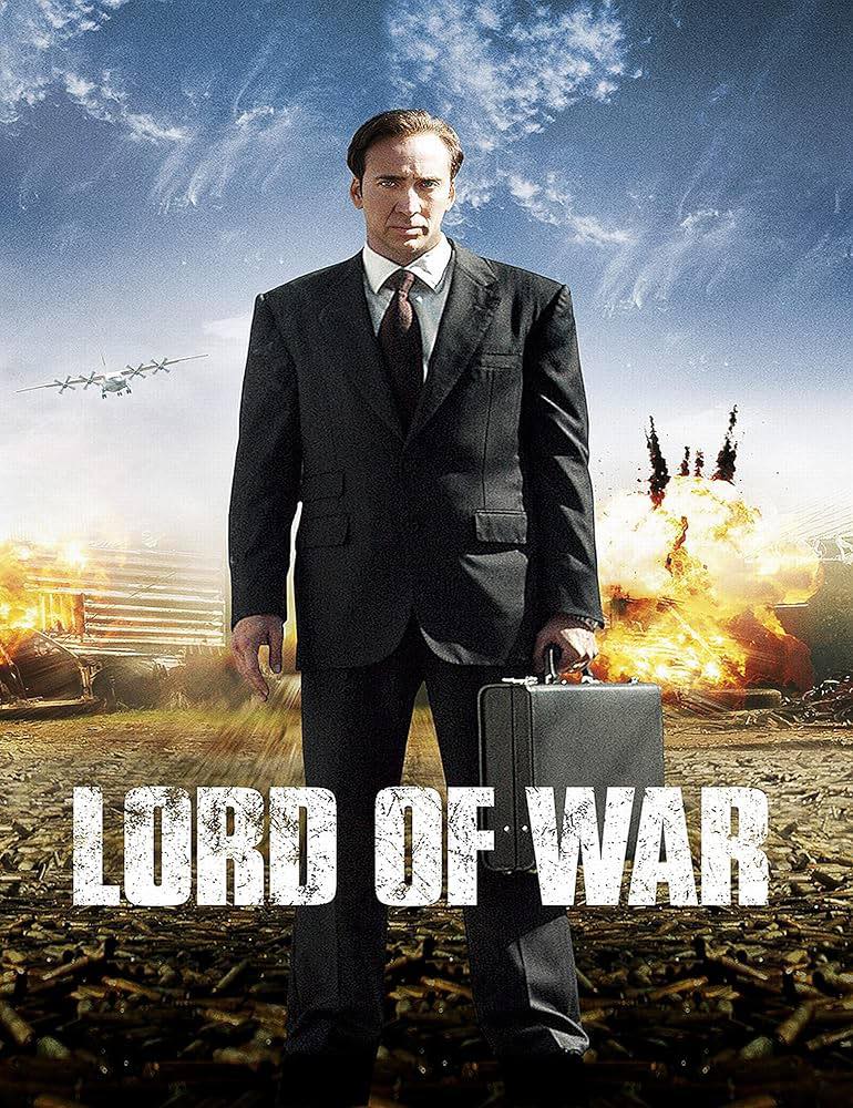 Lord of War movie poster featuring Nicolas Cage standing in a suit holding a briefcase on a battlefield covered with bullet casings and explosions in the background, printed in high definition with Canon HD inks.