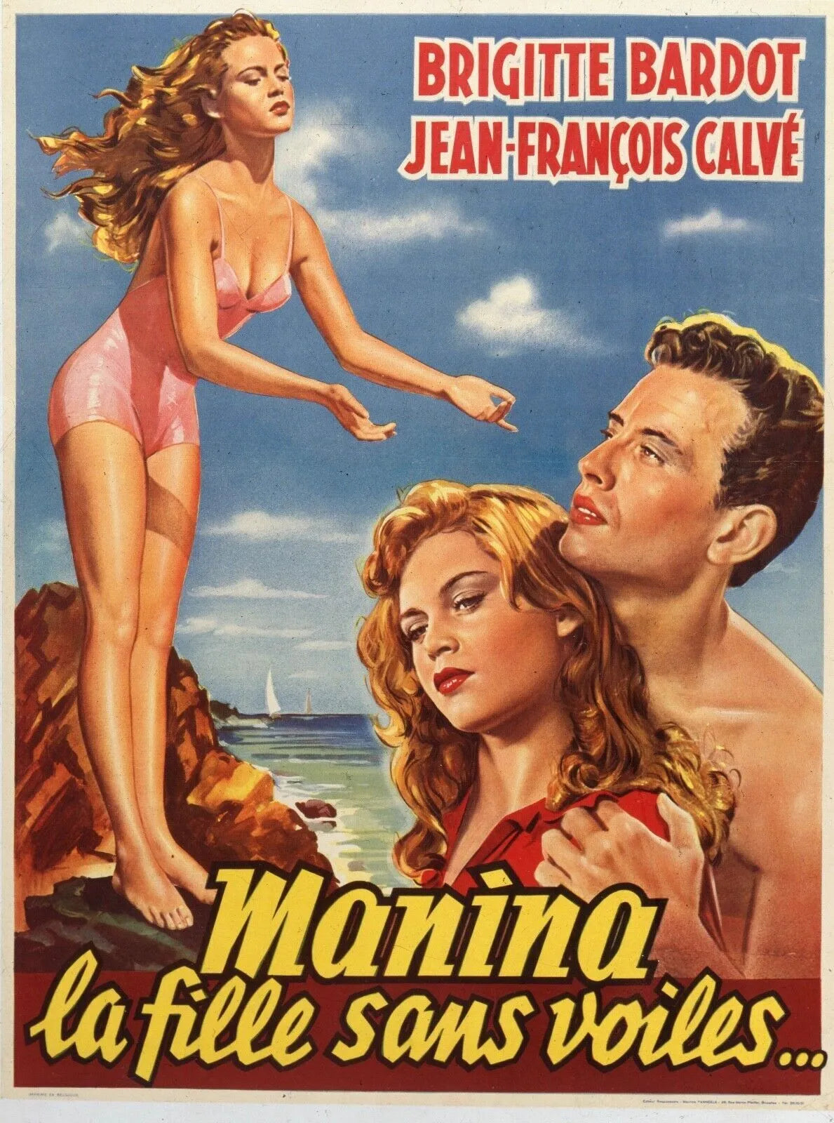 MANINA LA FILLE SANS VOILES... BRIGITTE BARDOT, 1952, repro affiche cinéma VINTAGE HQ