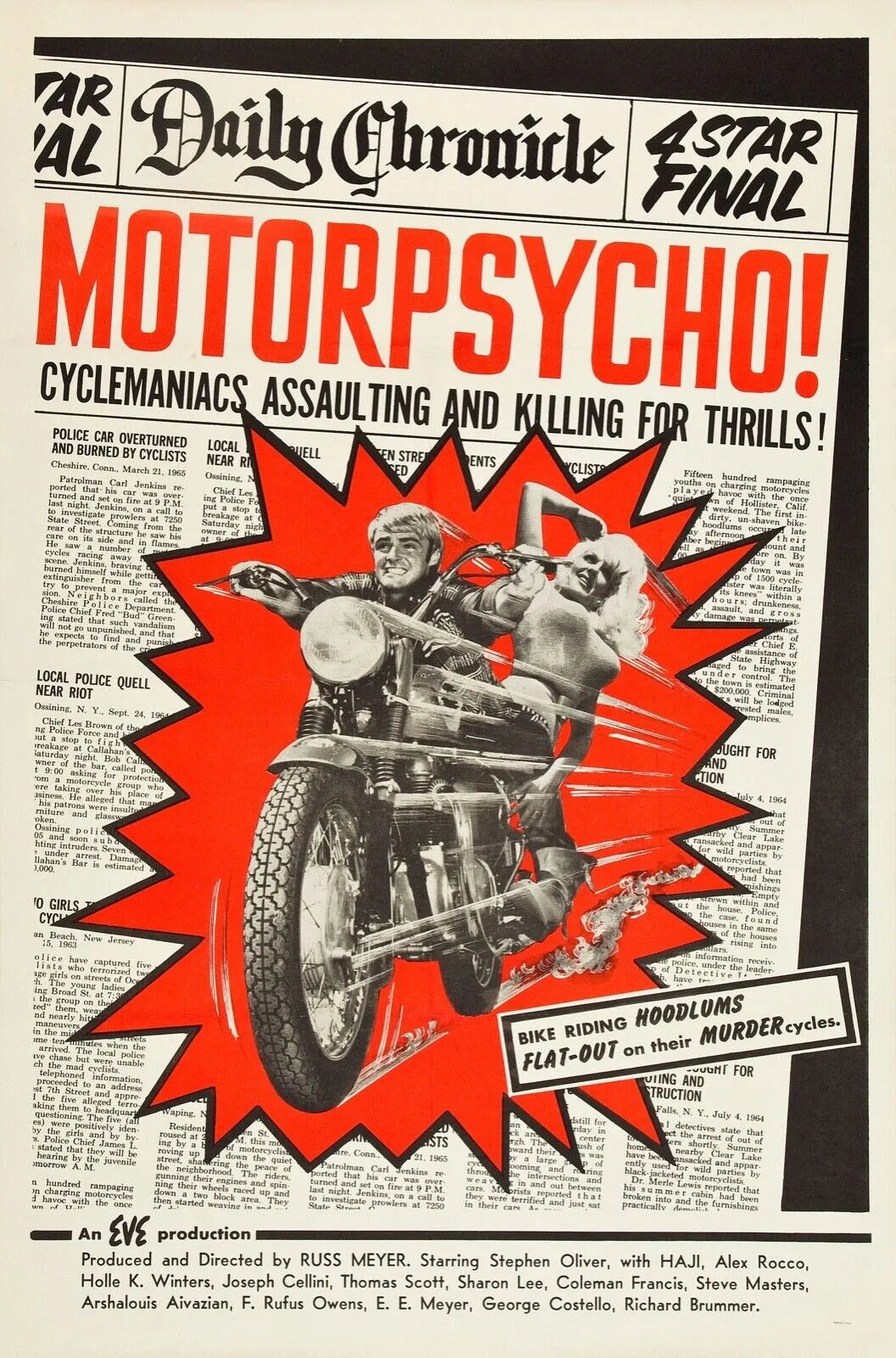 MOTORPSYCHO MOTOS DAILY CHRONICLE, STEPHEN OLIVER, 1965, REPRO AFFICHE VINTAGE, HQ