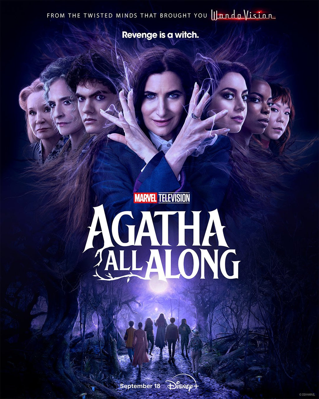 Affiche de la série Agatha All Along avec Agatha entourée d’énergie magique violette et de personnages mystérieux, ambiance sombre et mystique Marvel, avec Kathryn Hahn.