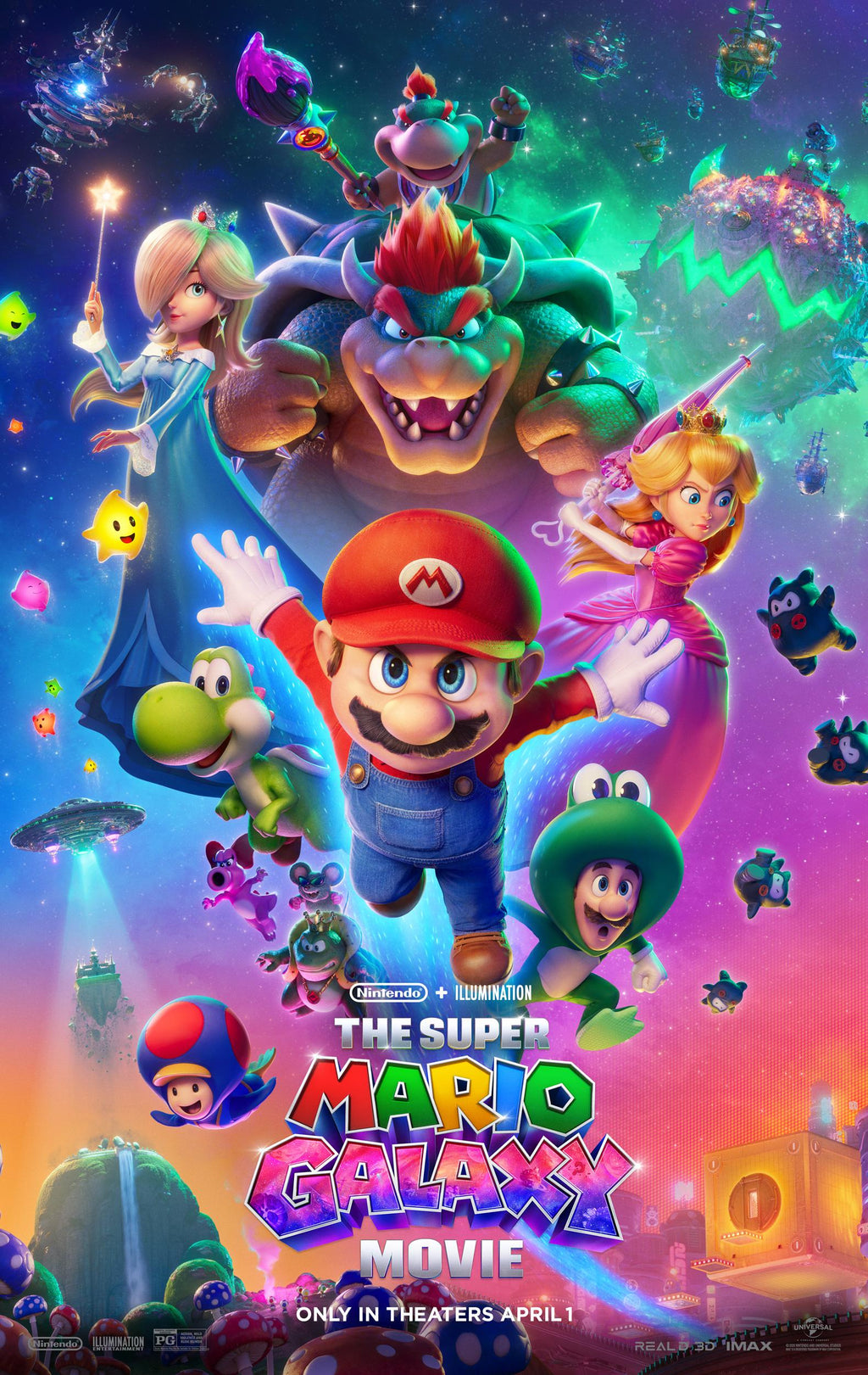 Affiche du film Super Mario Bros Movie avec Mario, Peach, Luigi, Bowser et Yoshi dans un univers spatial coloré rempli d’étoiles et de personnages Nintendo.