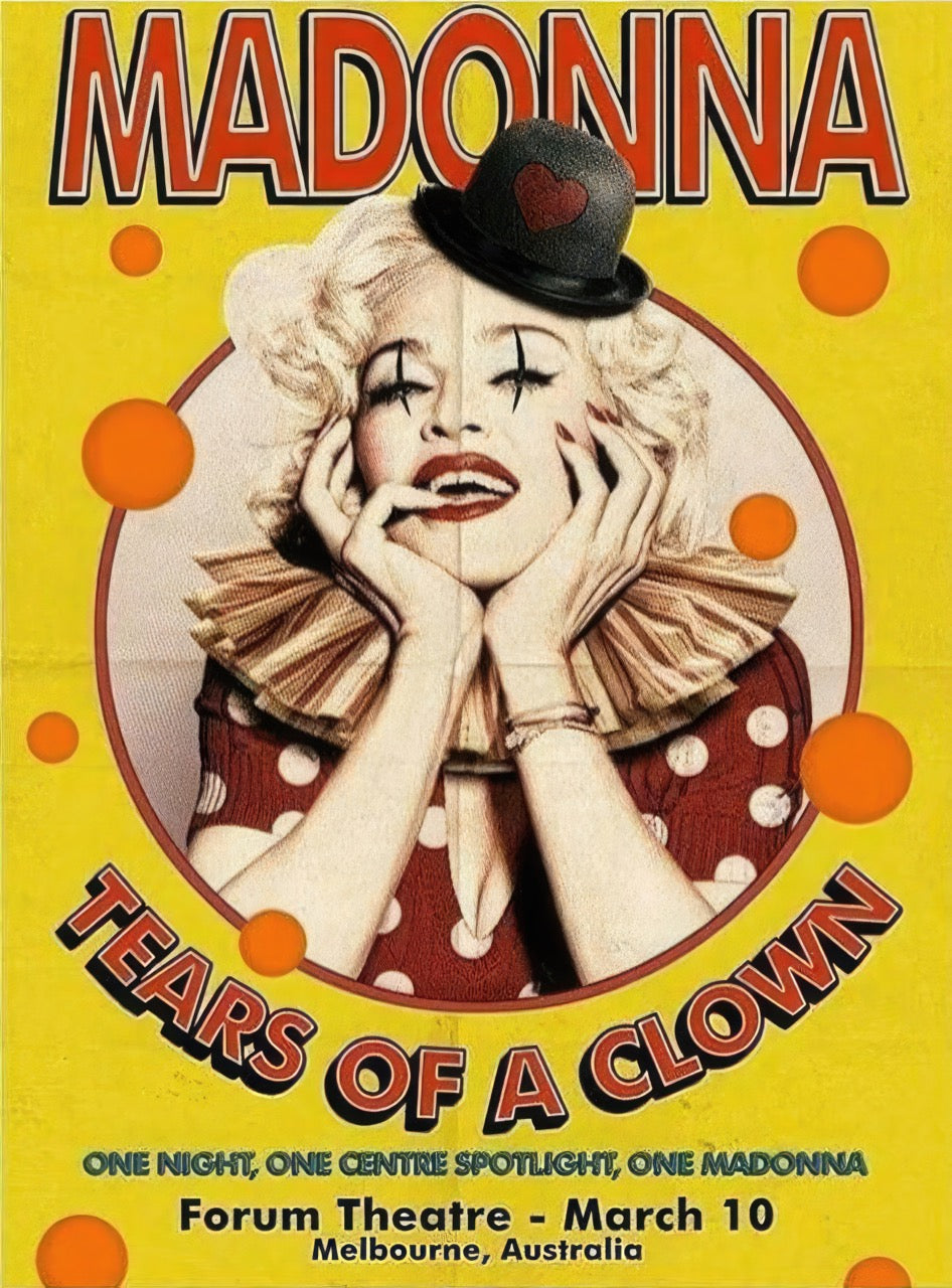 Affiche concert Madonna – Tears of a Clown Forum Theatre Melbourne 10 mars – visuel cirque clown vintage jaune orange pop collector | Poster Hub Studio