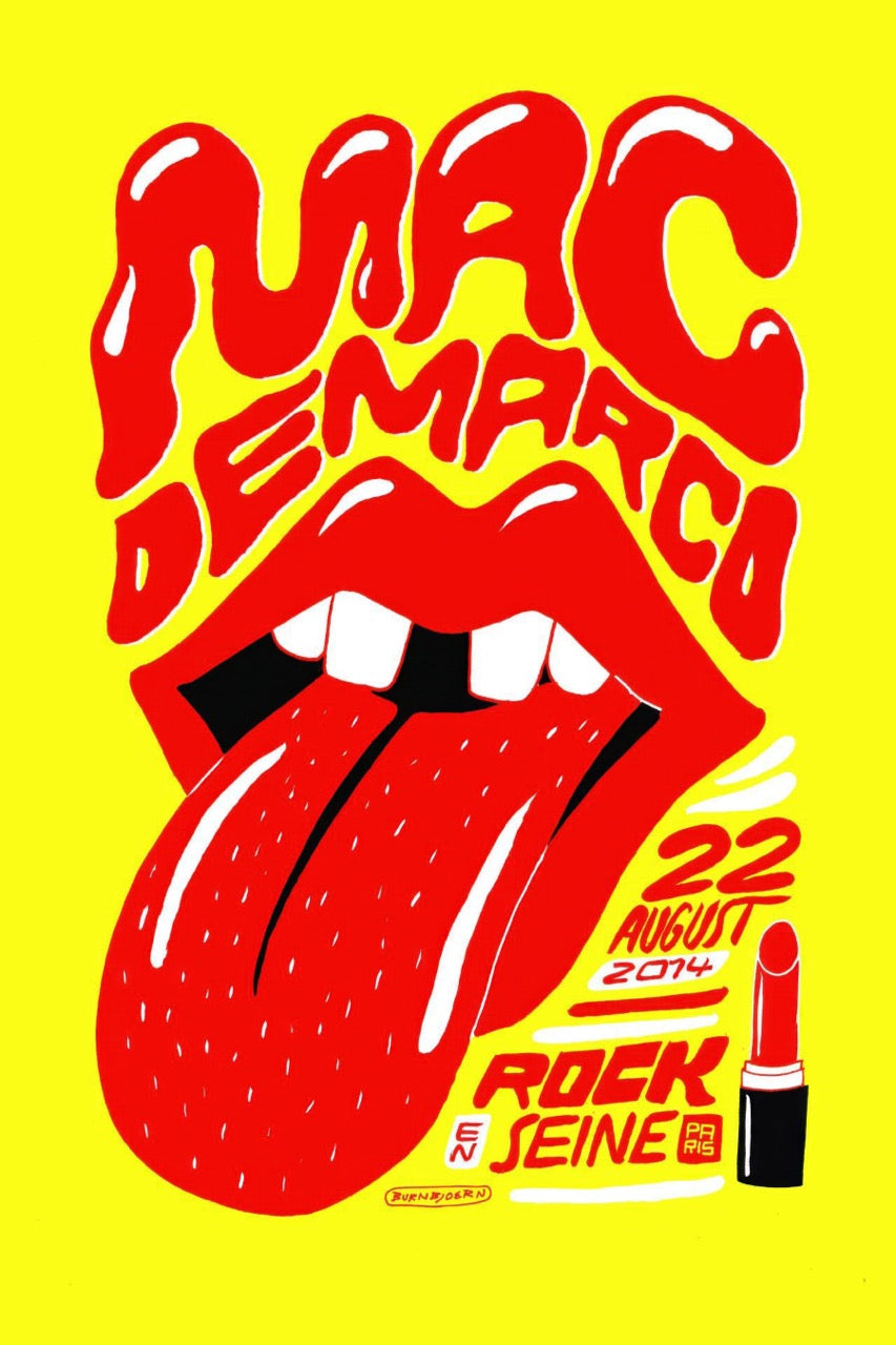 Affiche concert Mac DeMarco – Rock en Seine Paris 22 août 2014 – illustration pop art jaune rouge bouche langue vintage indie rock | Poster Hub Studio