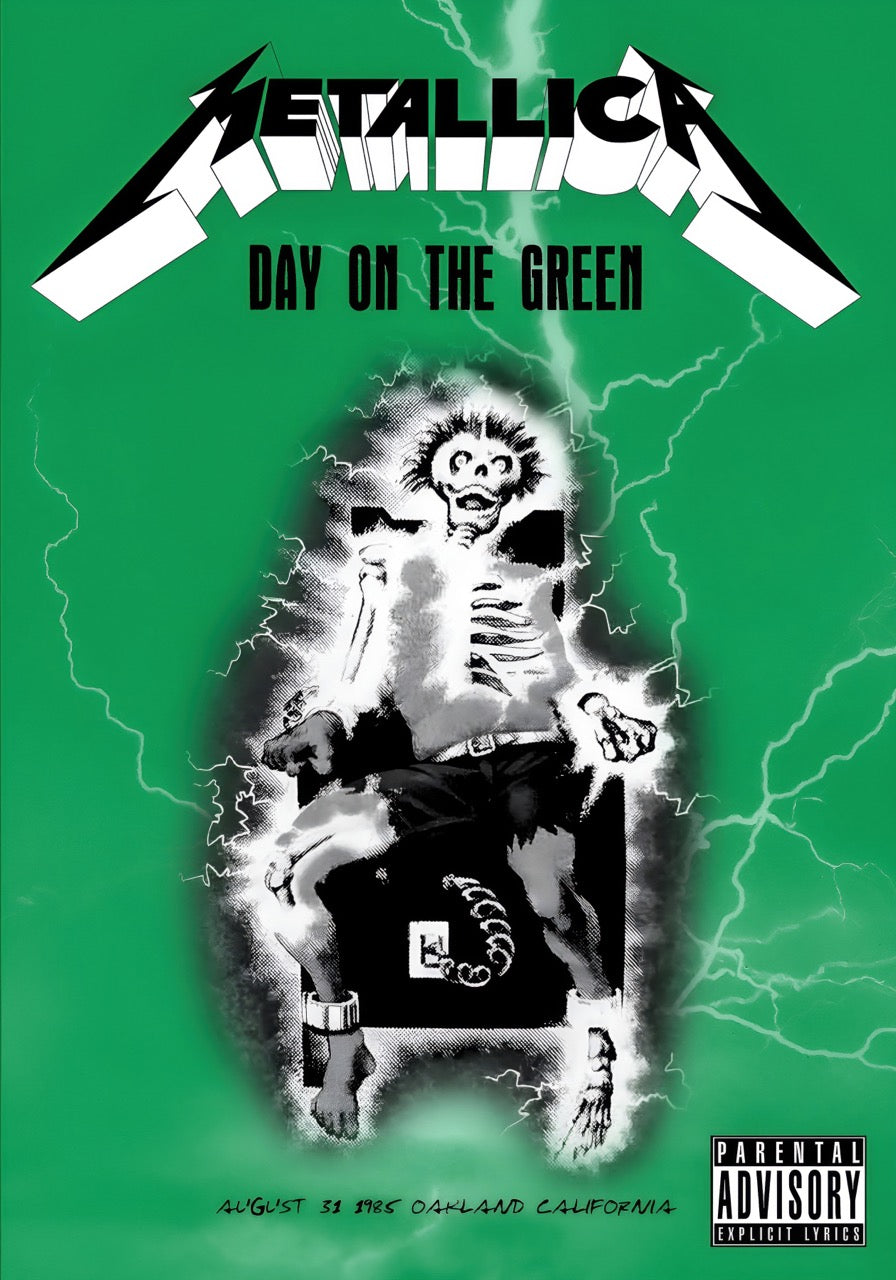 Affiche Metallica Day on the Green 1985 avec squelette sur chaise électrique et éclairs sur fond vert, style rock metal vintage