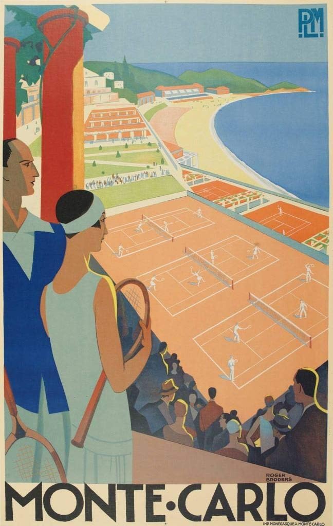Affiche vintage Monte-Carlo tennis et Côte d’Azur. Illustration Art Déco élégante bord de mer. Reproduction haute qualité – Poster Hub.