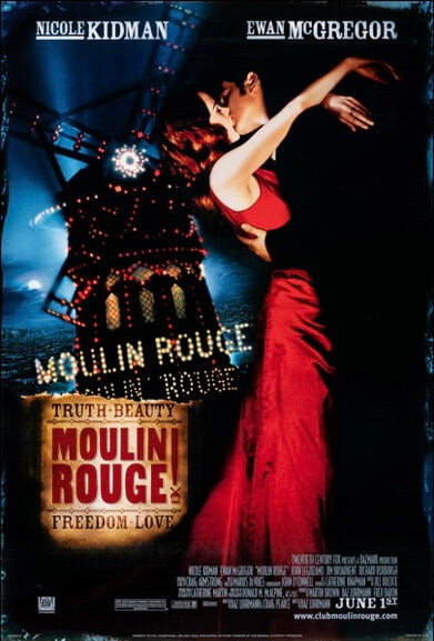 Affiche Moulin Rouge! (2001) avec Nicole Kidman et Ewan McGregor. Comédie musicale romantique culte. Reproduction HQ – Poster Hub Studio.