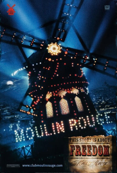 Affiche Moulin Rouge! (2001) avec le célèbre moulin illuminé de Paris. Film musical culte avec Nicole Kidman. Reproduction HQ – Poster Hub Studio.

