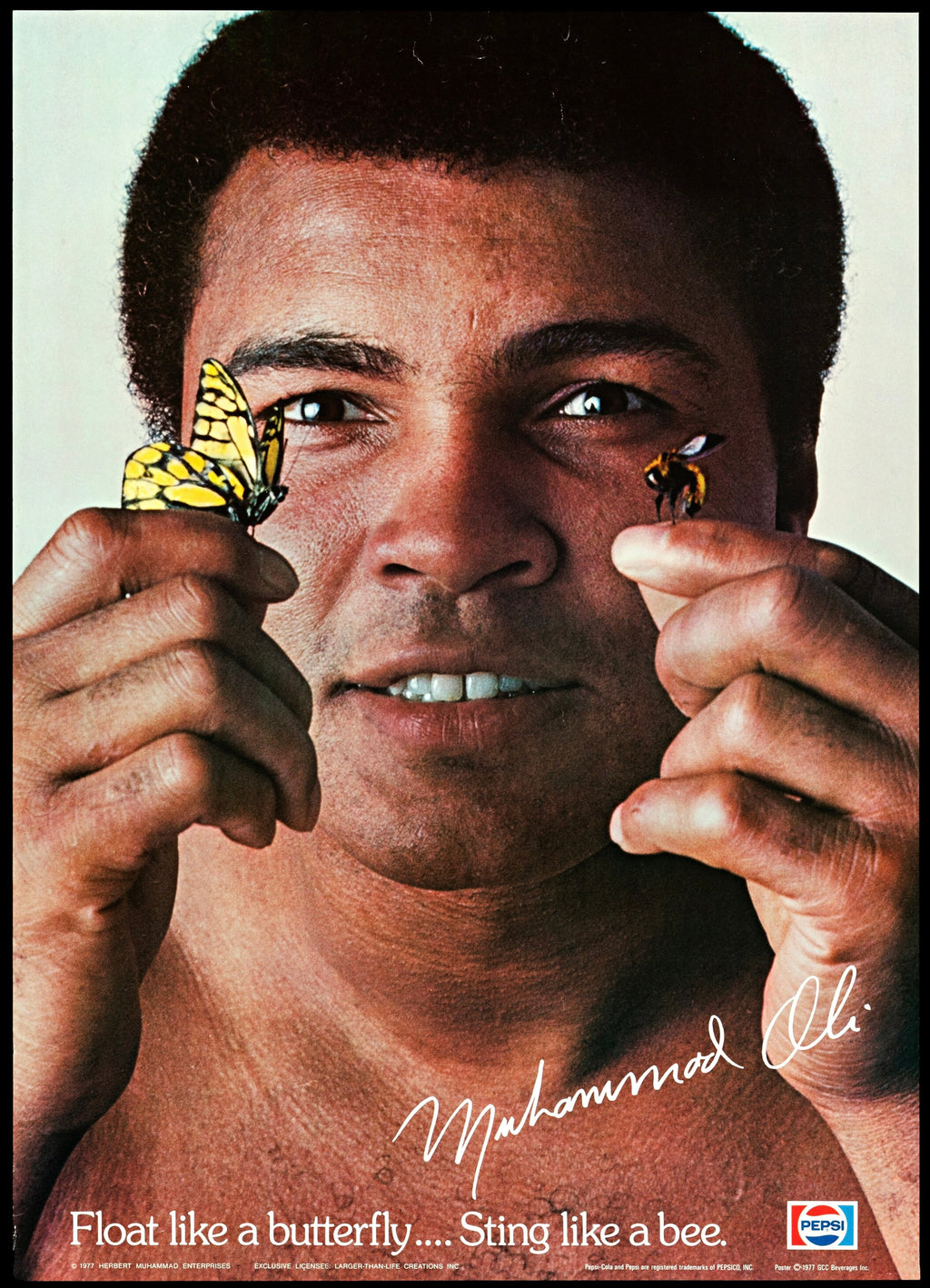 Affiche iconique de Muhammad Ali (1977) avec la célèbre phrase “Float like a butterfly”. Poster boxe vintage reproduction haute qualité.