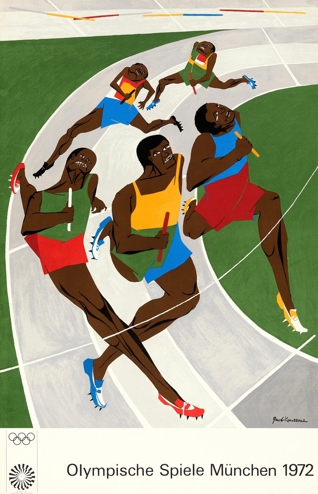 Affiche officielle des Jeux Olympiques de Munich 1972. Illustration iconique d’athlétisme relais. Poster vintage reproduction haute qualité.