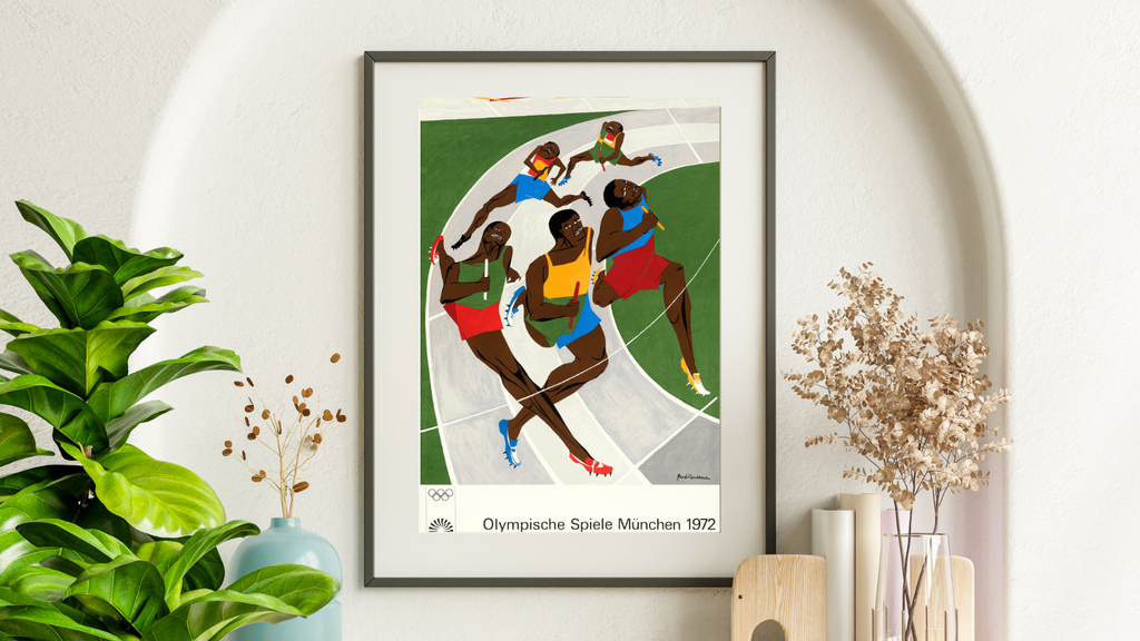 Affiche officielle des Jeux Olympiques de Munich 1972. Illustration iconique d’athlétisme relais. Poster vintage reproduction haute qualité.
