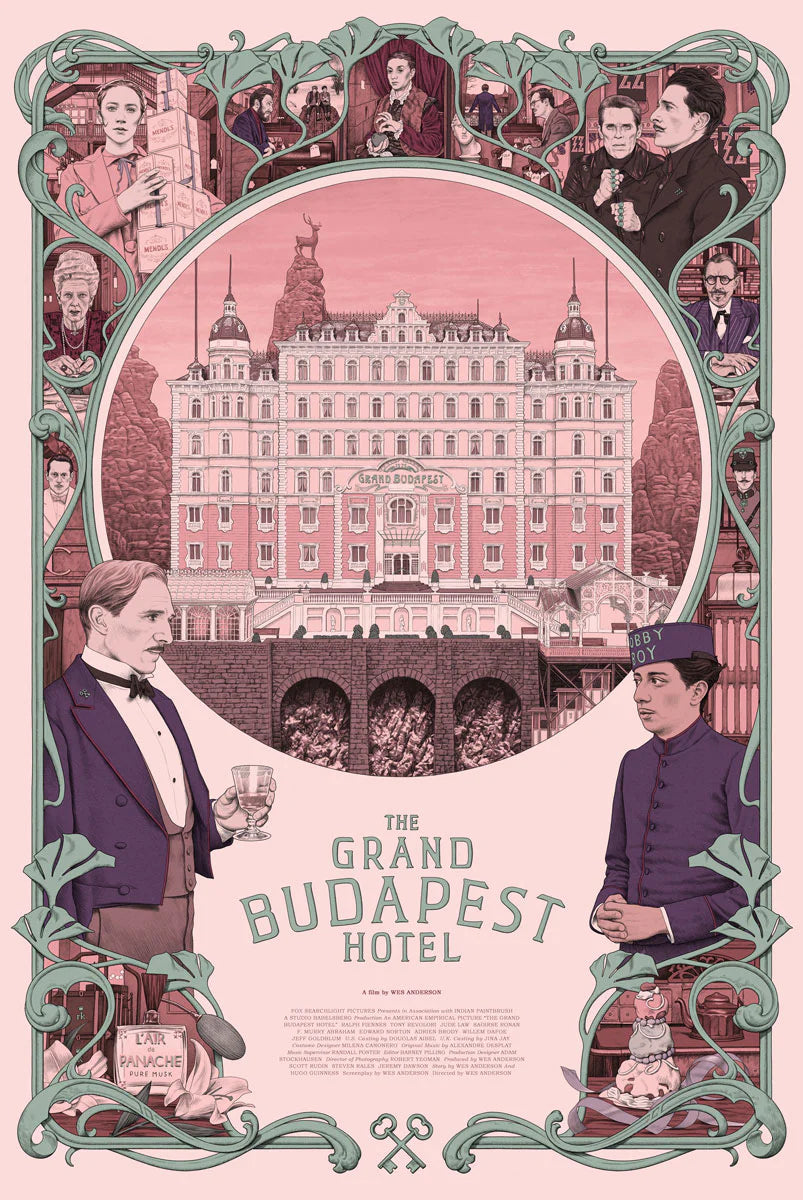 affiche The Grand Budapest Hotel style illustration vintage avec hôtel rose et personnages décoratifs ambiance luxe rétro cinéma