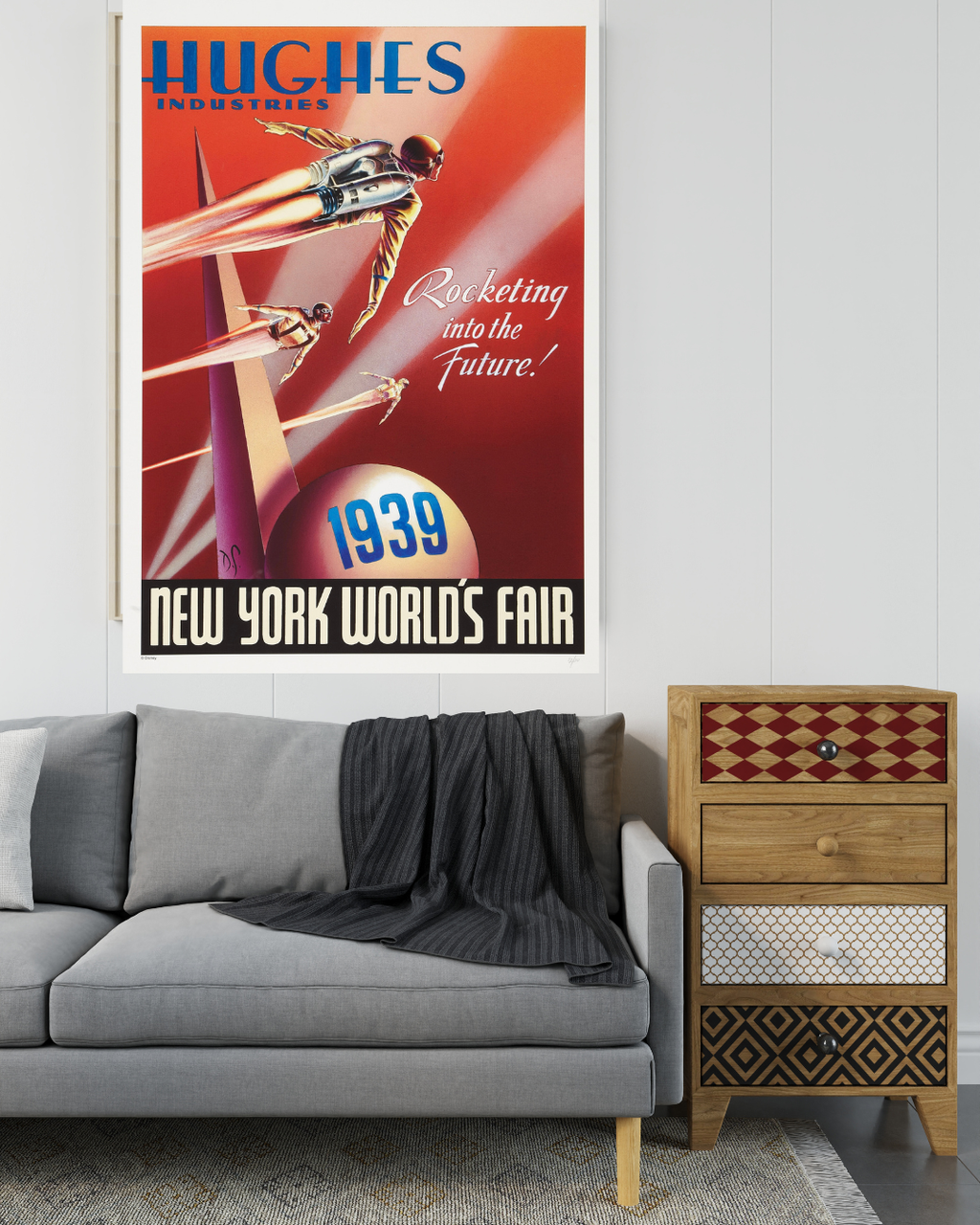 Affiche vintage New York World’s Fair 1939 Hughes Industries. Style rétro futuriste unique. Poster déco design – reproduction HQ Poster Hub.