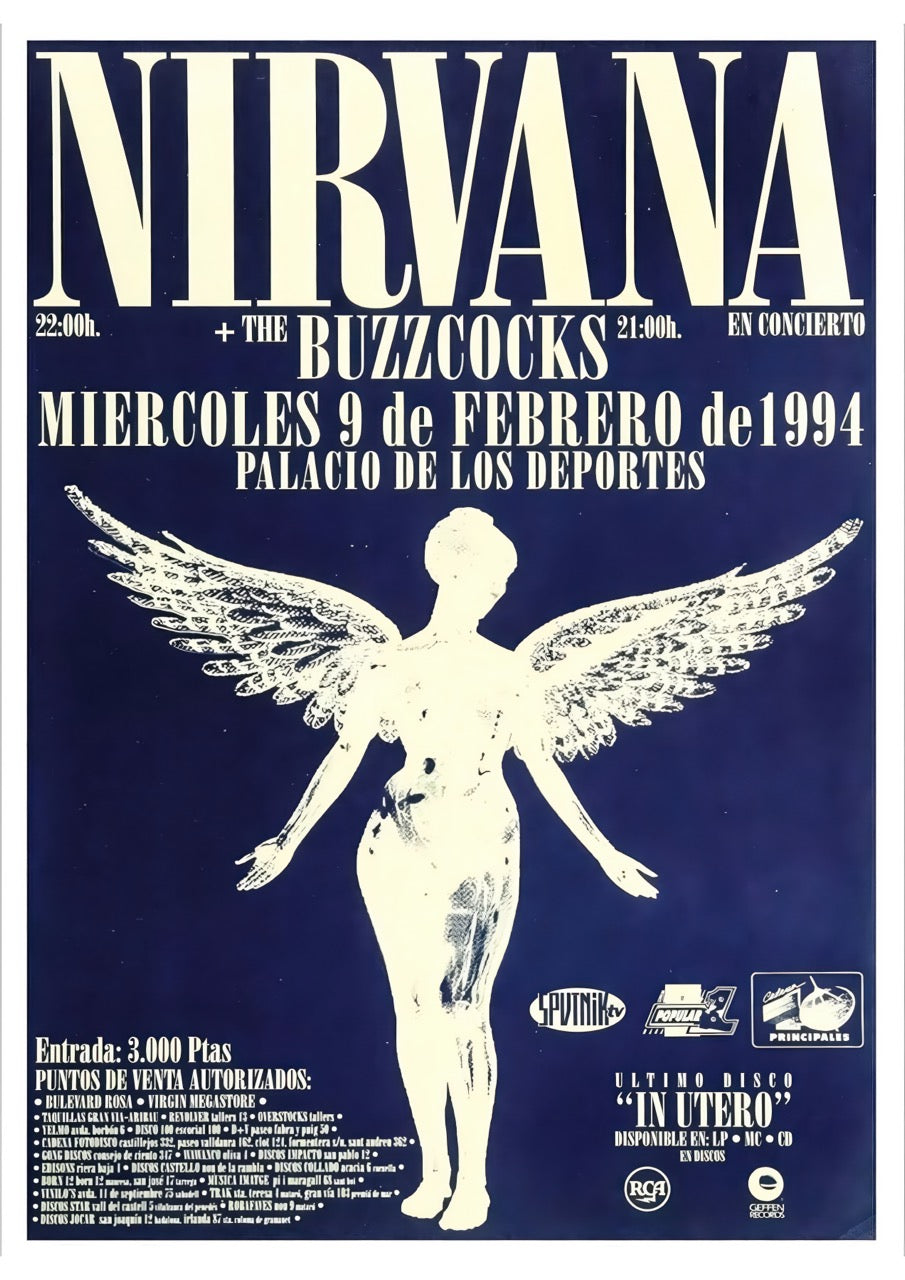 Affiche concert Nirvana – Palacio de los Deportes Barcelone 9 février 1994 – In Utero Tour avec The Buzzcocks – poster vintage bleu grunge | Poster Hub Studio