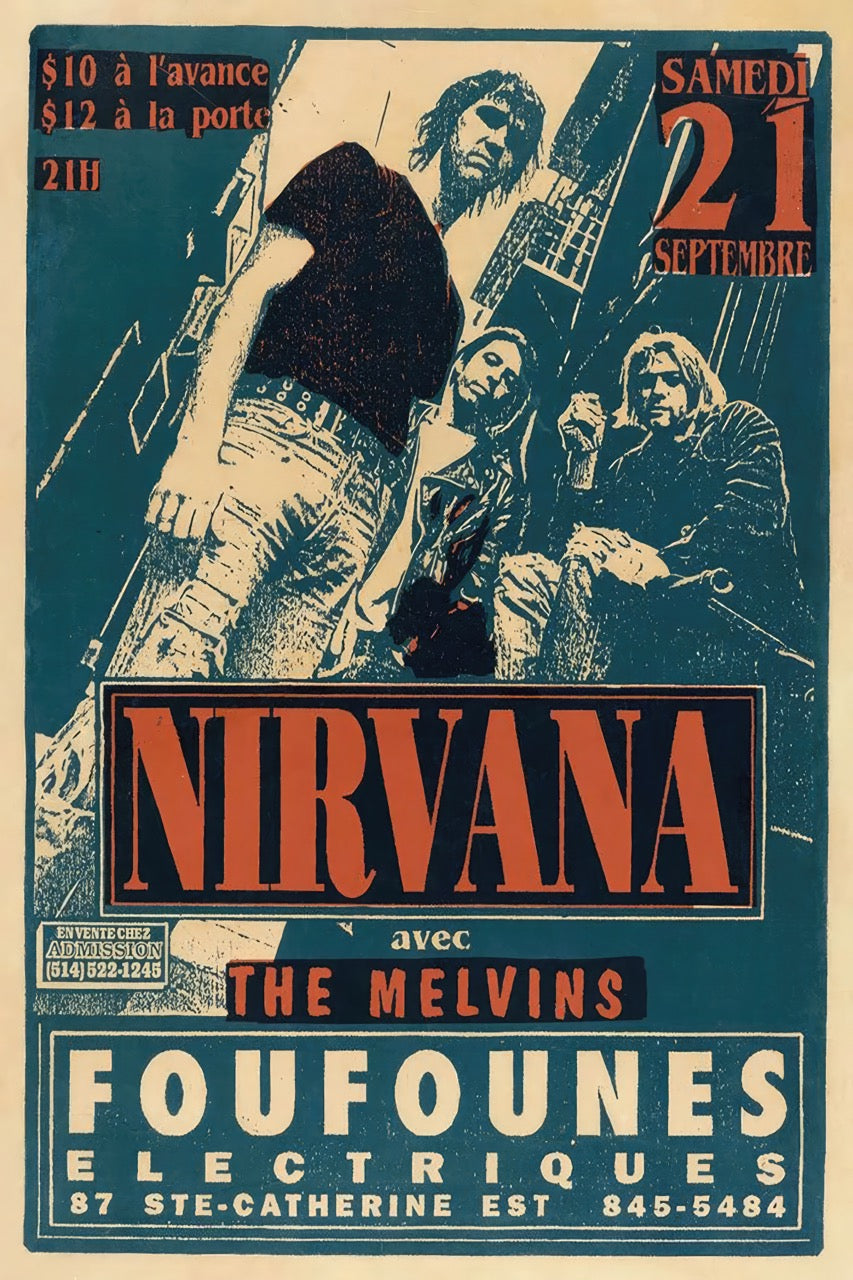 Affiche concert Nirvana – Foufounes Électriques Montréal 21 septembre 1991 – avec The Melvins – sérigraphie vintage bleu rouge grunge | Poster Hub Studio