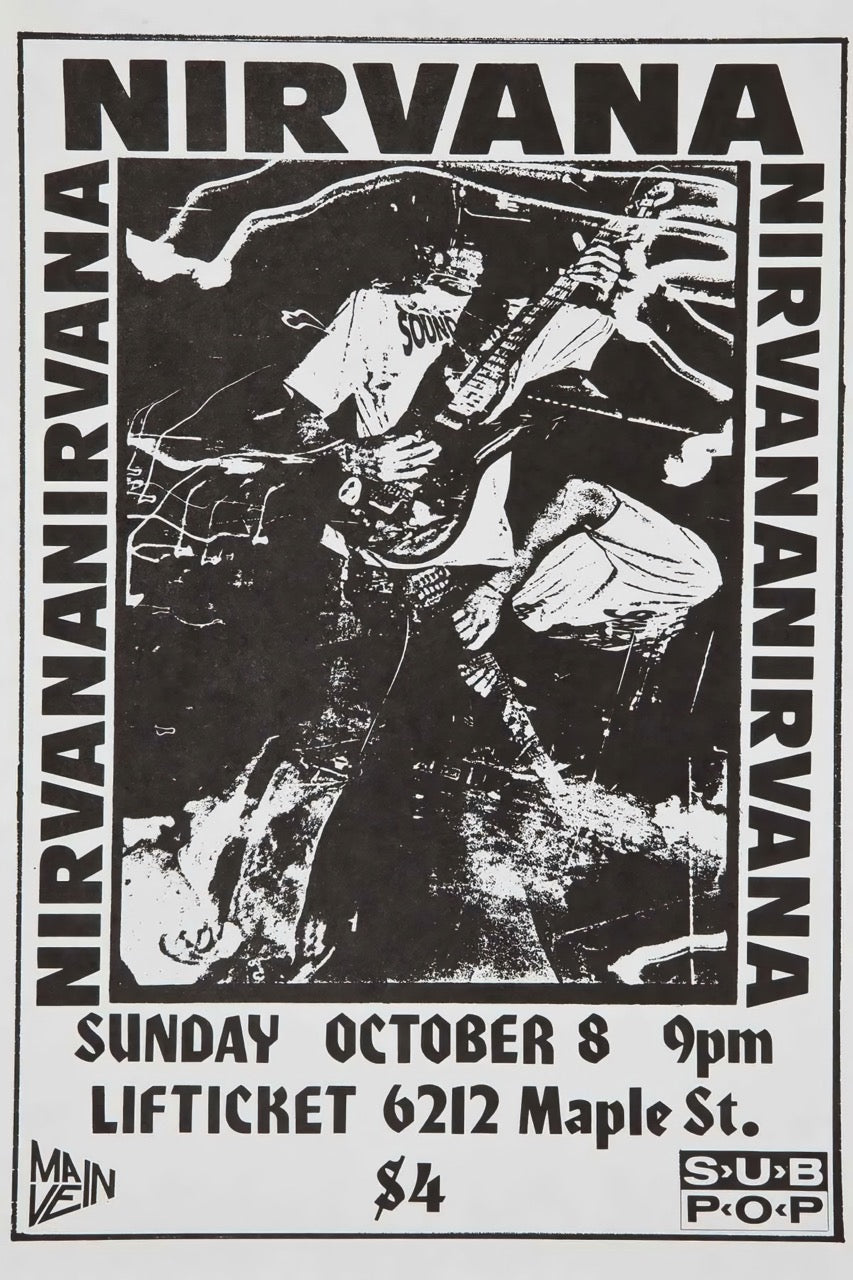 NIRVANA CONCERT POSTER – MAPLE ST. LIFT TICKET, – Poster Hub Studio