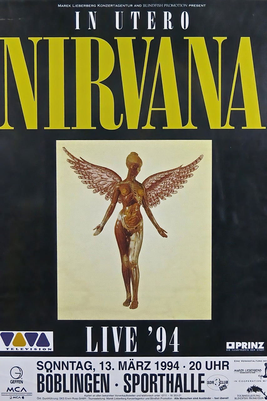 AFFICHE CONCERT NIRVANA – IN UTERO LIVE '94, BÖBLINGEN SPORTHALLE, 13 MARS 1994, REPRODUCTION VINTAGE HQ