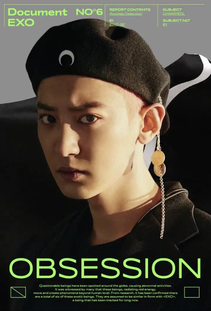 Affiche EXO Obsession avec portrait de Chanyeol portant un béret noir et une boucle d’oreille longue, éclairage contrasté et ambiance futuriste avec typographie verte néon, design moderne K-pop, Poster Hub Studio.
