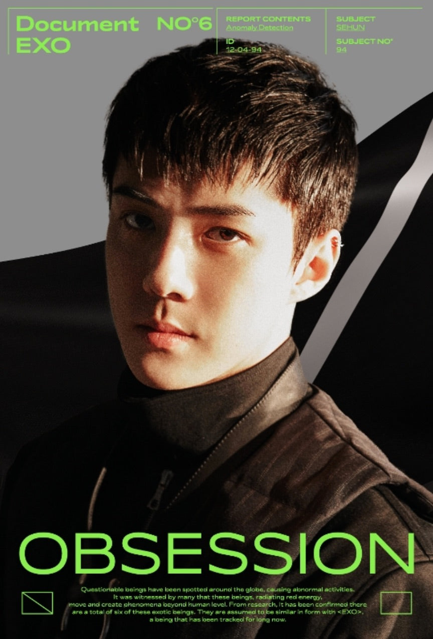 Affiche EXO Obsession avec portrait de Sehun, éclairage dramatique et ambiance futuriste avec typographie verte néon, design graphique moderne et esthétique K-pop, Poster Hub Studio.
