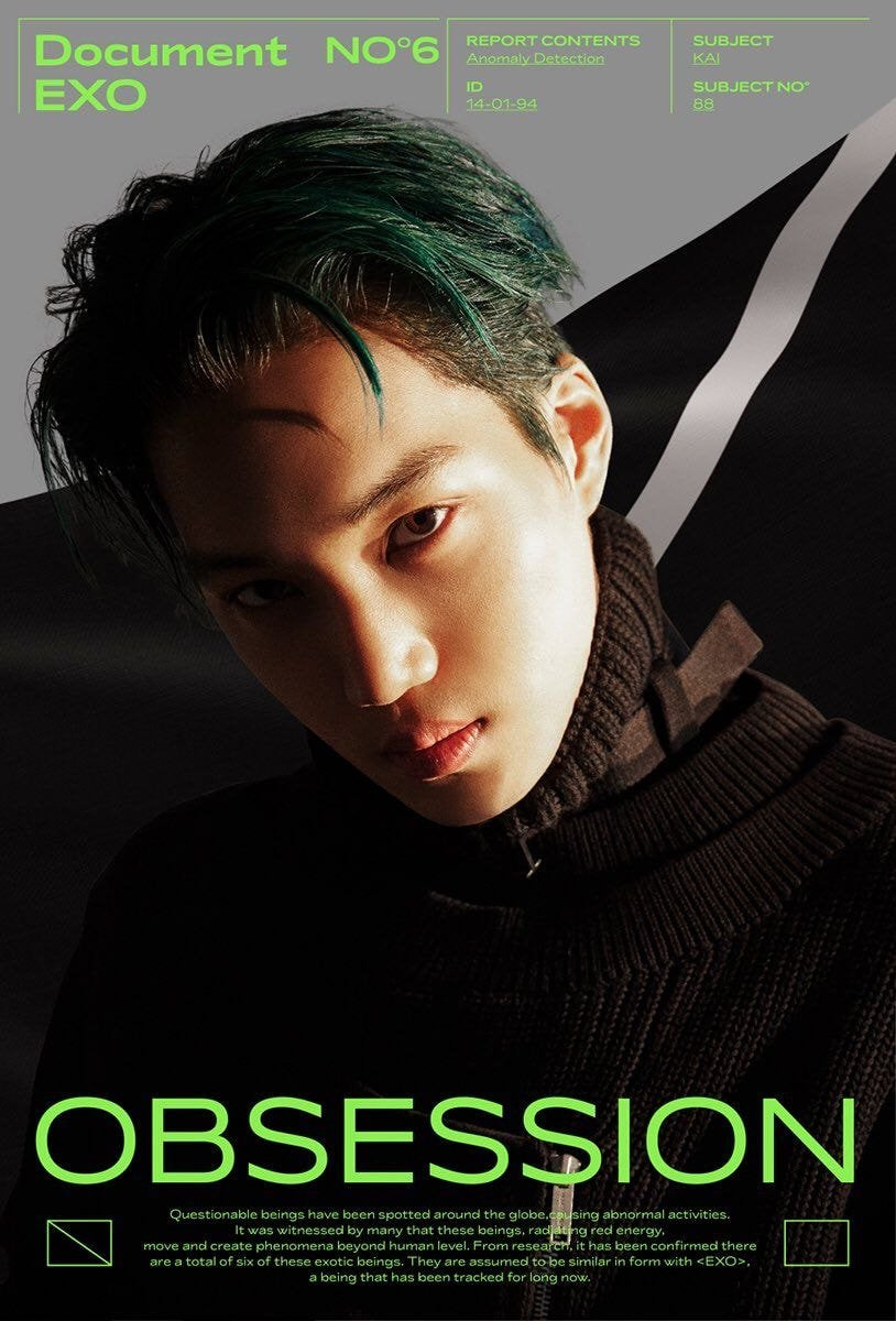 Affiche EXO Obsession avec portrait intense de Kai, éclairage dramatique et détails futuristes avec typographie verte néon, style cyber et esthétique moderne K-pop, Poster Hub Studio.
