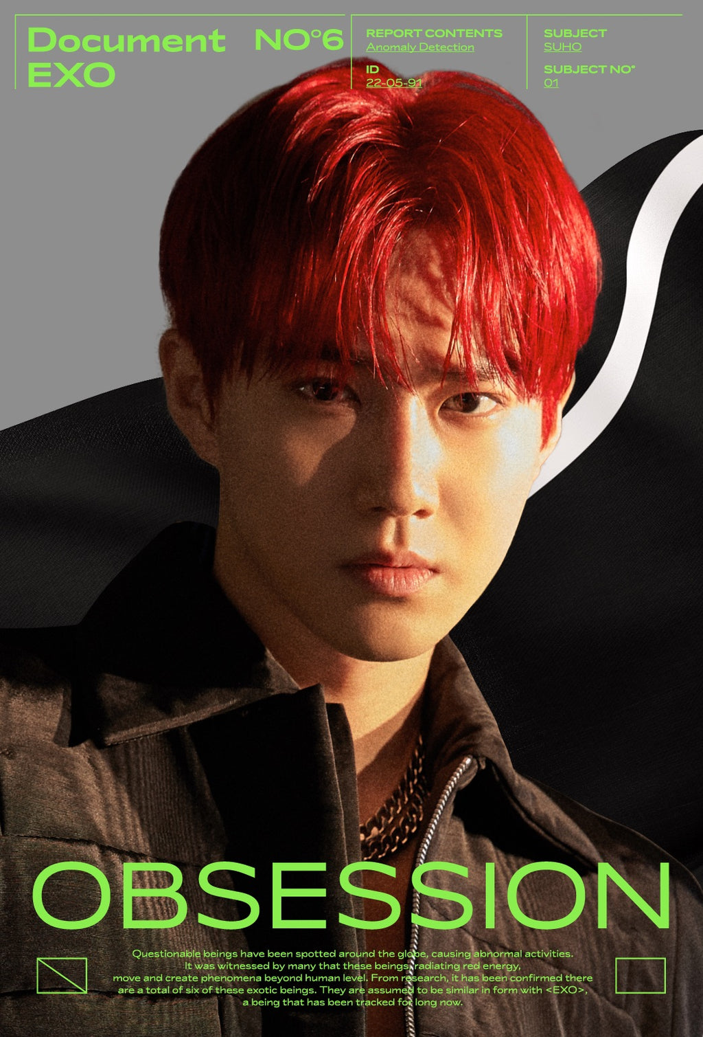 Affiche EXO Obsession avec portrait de Suho aux cheveux rouges, éclairage contrasté et ambiance futuriste avec typographie verte néon, design graphique moderne et esthétique K-pop, Poster Hub Studio.
