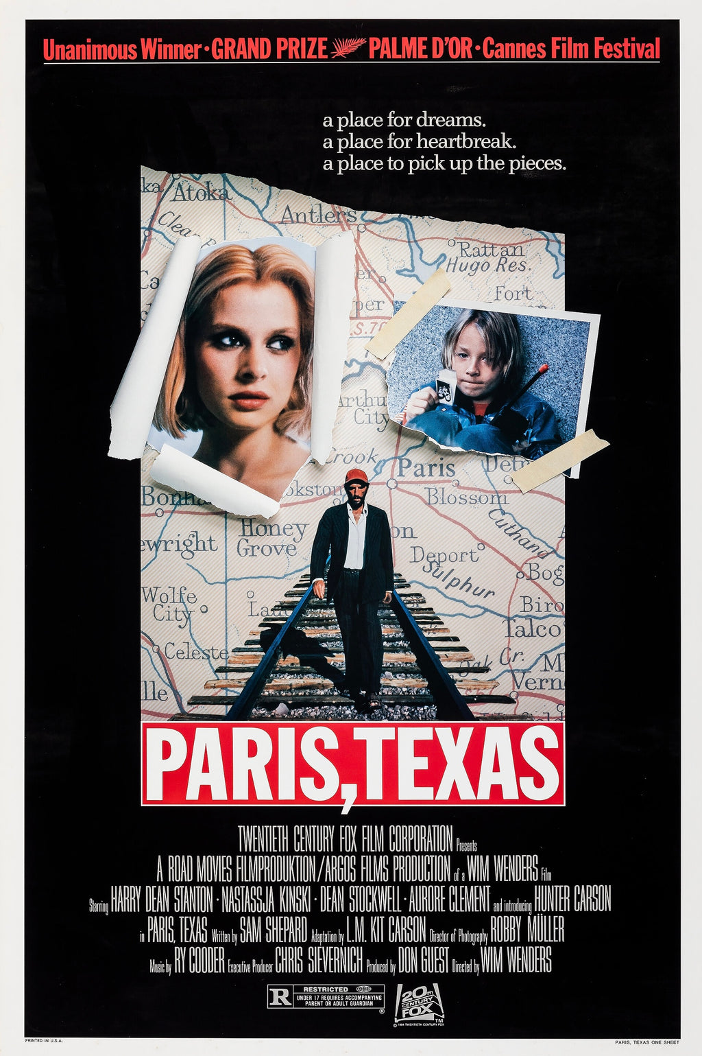 Affiche du film PARIS, TEXAS de Wim Wenders (1984), Palme d'Or à Cannes. Drame avec Harry Dean Stanton et Nastassja Kinski. Reproduction HQ – Poster Hub Studio.