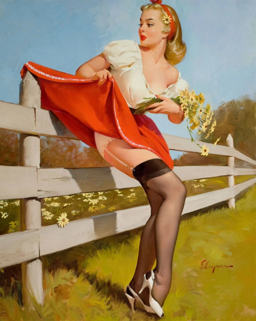 PIN-UP A LA CAMPAGNE, GIL ELVGRE REPRO AFFICHE VINTAGE HQ