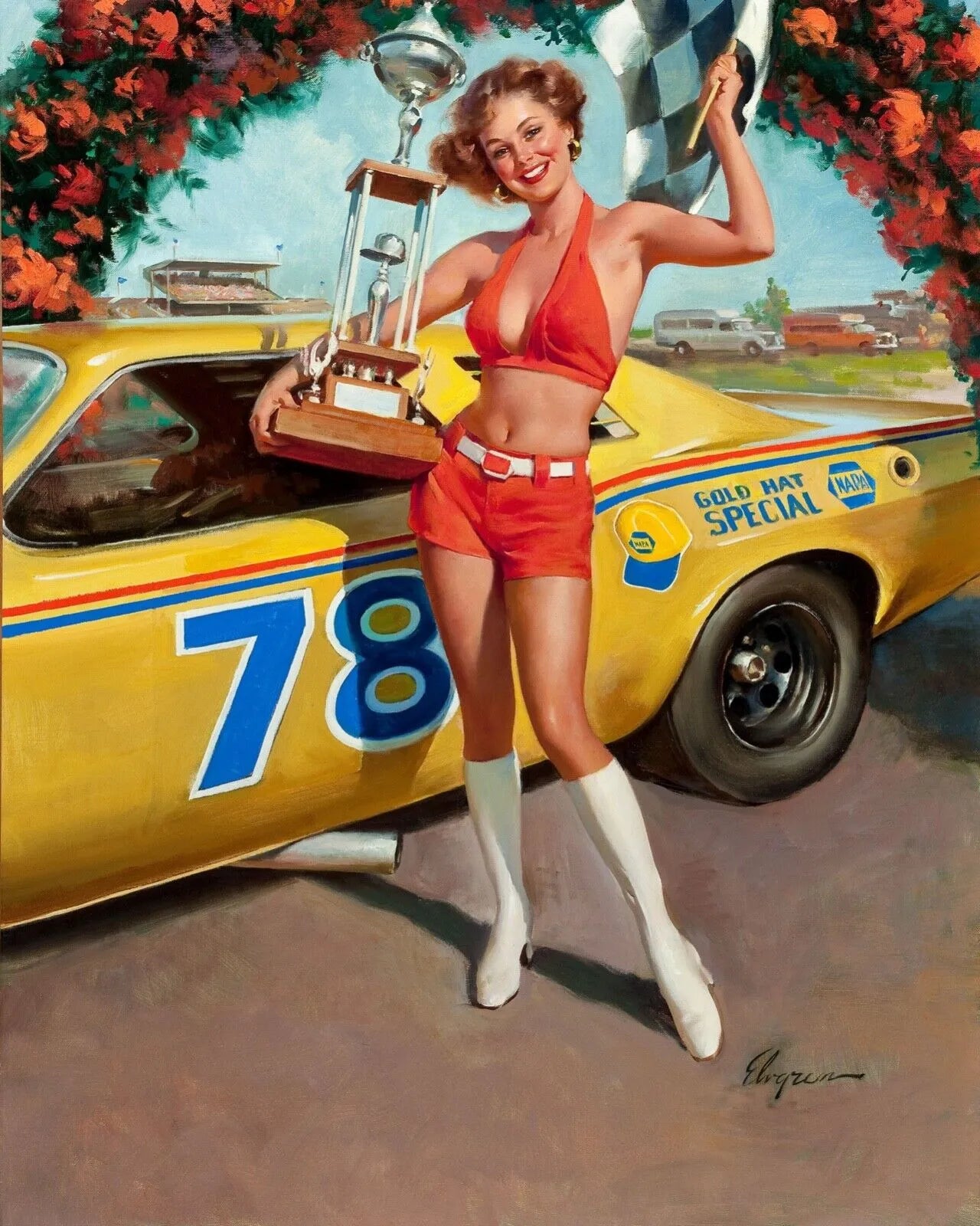 PIN-UP RALLYE AUTOMOBILE, GIL ELVGRE, REPRO AFFICHE VINTAGE, HQ