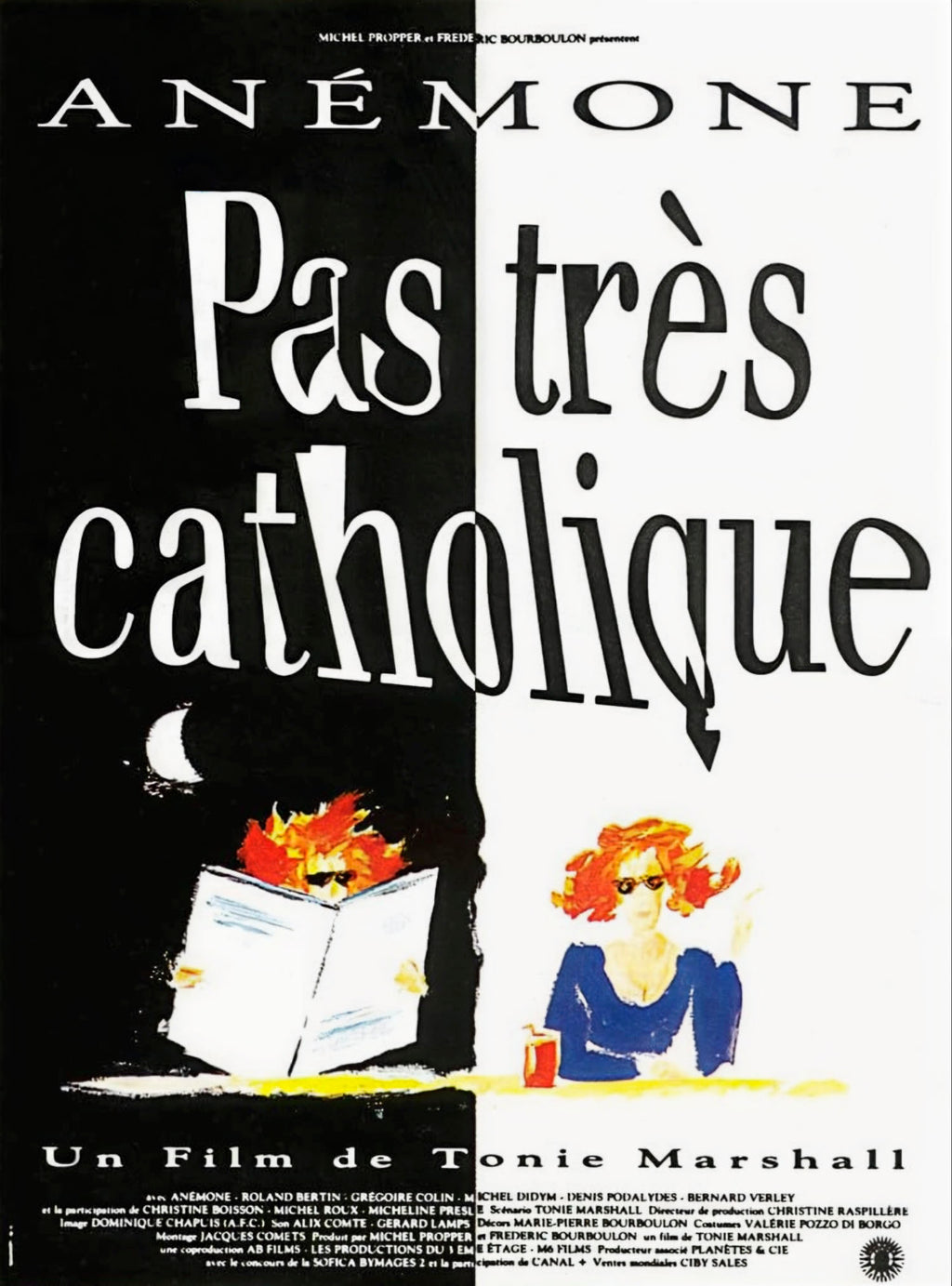 Affiche du film Pas très catholique de Tonie Marshall (1994). Comédie française avec Anémone. Reproduction HQ – Poster Hub Studio.