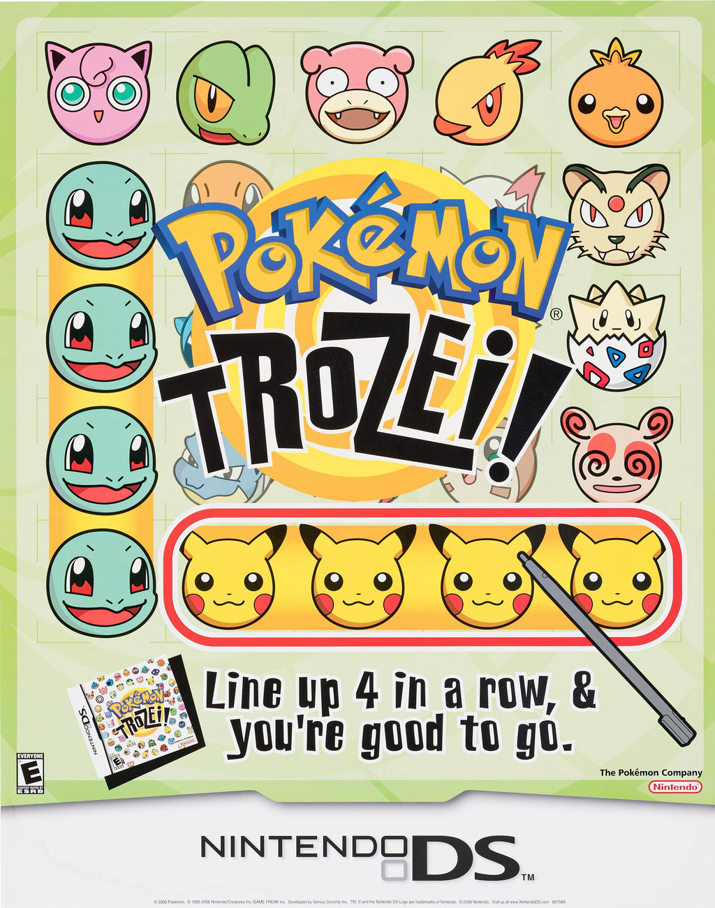 Affiche Pokémon Trozei! (2005) Nintendo DS, visuel coloré avec Pikachu et Pokémon iconiques. Poster gaming fun – reproduction HQ Poster Hub.
