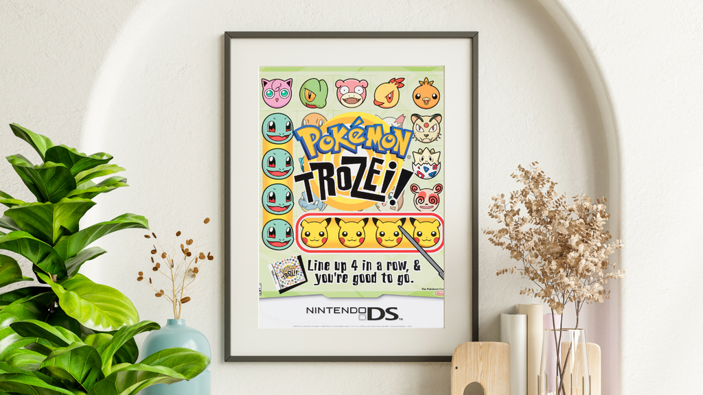 Affiche Pokémon Trozei! (2005) Nintendo DS, visuel coloré avec Pikachu et Pokémon iconiques. Poster gaming fun – reproduction HQ Poster Hub.