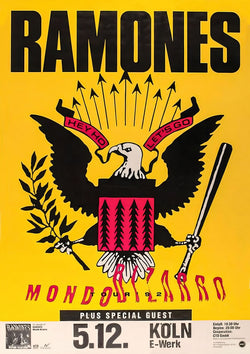 Ramones Mondo Bizarro 1992 tour poster featuring the iconic Ramones eagle logo with “Hey Ho Let’s Go” banner on a bright yellow background, advertising a concert in Cologne at E-Werk, printed in high definition with Canon HD inks.