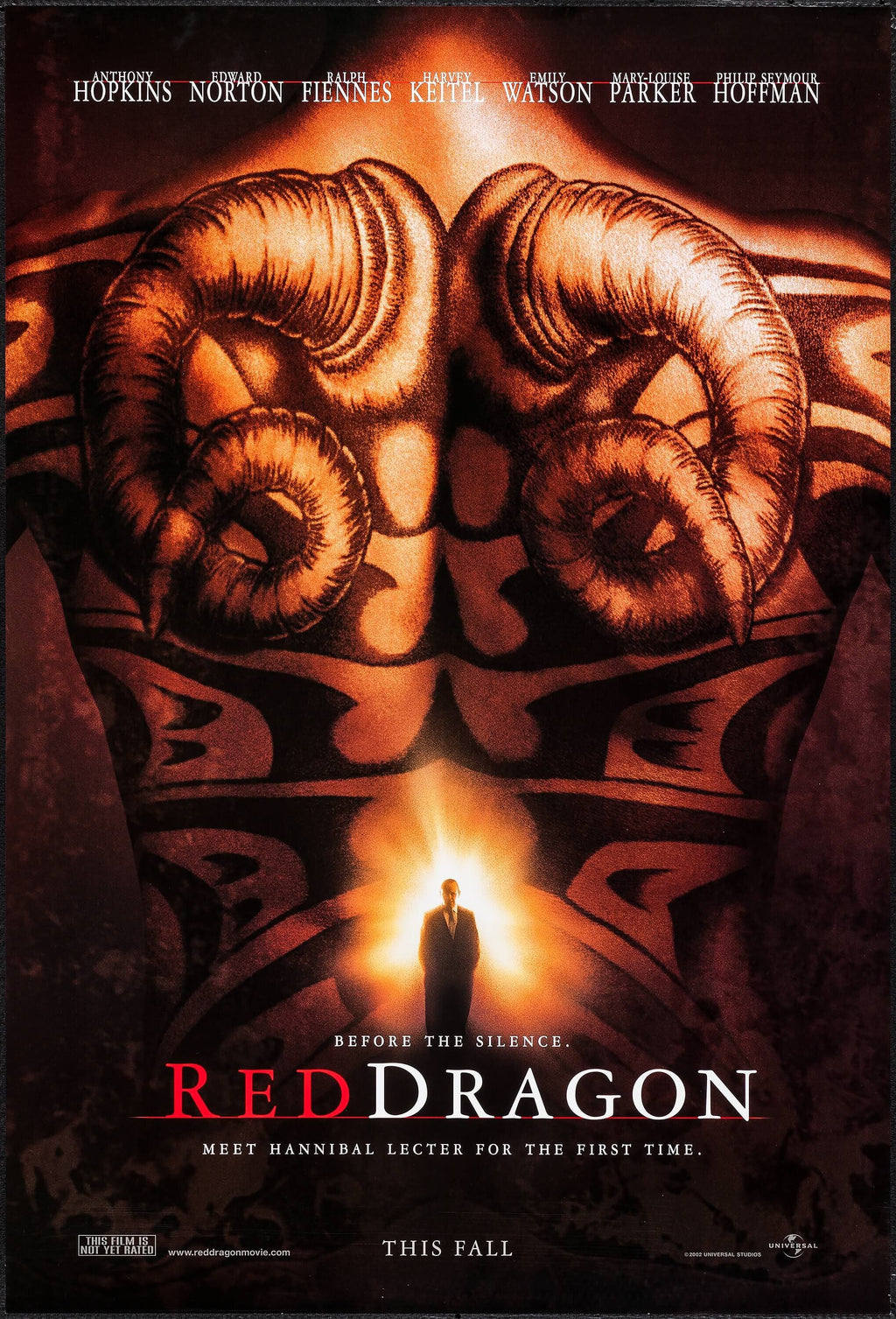 Affiche du film Red Dragon (2002) avec Anthony Hopkins. Thriller sombre autour d’Hannibal Lecter. Reproduction HQ – Poster Hub Studio.