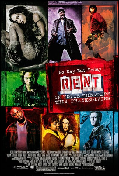 Affiche du film Rent (2005) de Chris Columbus. Comédie musicale culte sur fond de bohème new-yorkaise. Reproduction HQ – Poster Hub Studio
