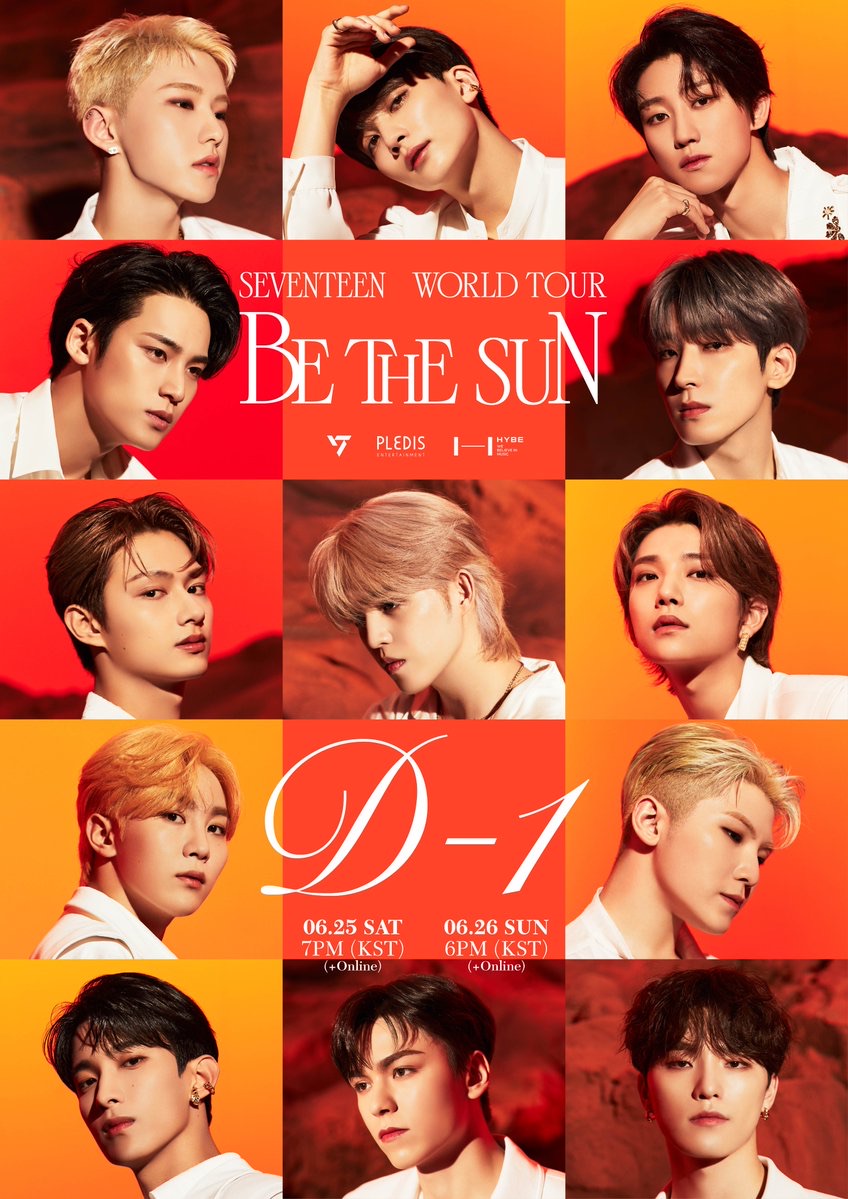 Affiche Seventeen – World Tour Be The Sun D-1 Séoul 25 26 juin 2022 – grille portraits 13 membres fond orange rouge – poster K-Pop collector Pledis HYBE | Poster Hub Studio
