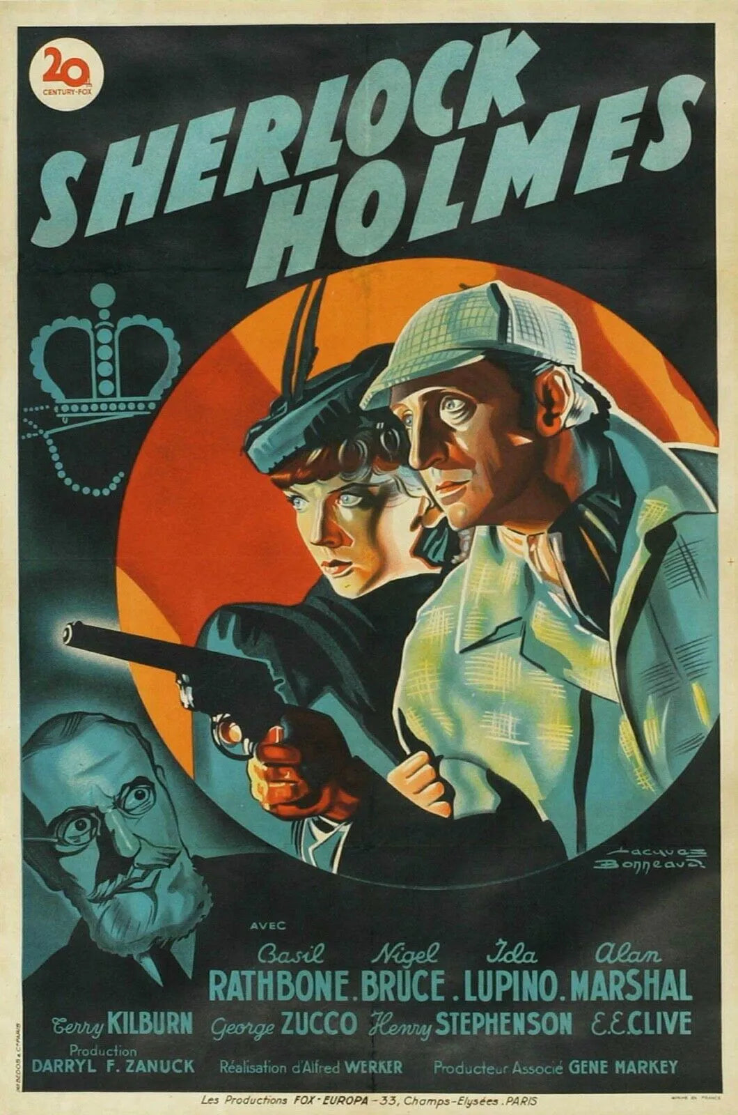 SHERLOCK HOLMES, NIGEL BRUCE, 1939, REPRO AFFICHE CINEMA VINTAGE HQ