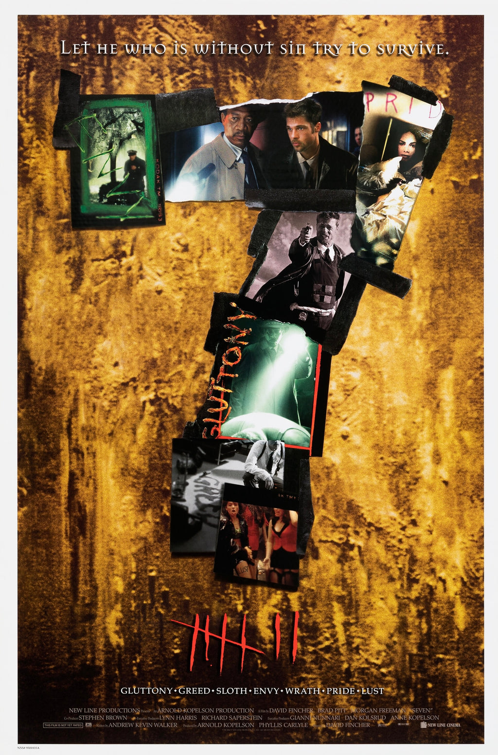 Affiche du film Se7en (1995) de David Fincher avec Brad Pitt et Morgan Freeman. Thriller culte sombre et iconique. Reproduction HQ – Poster Hub.