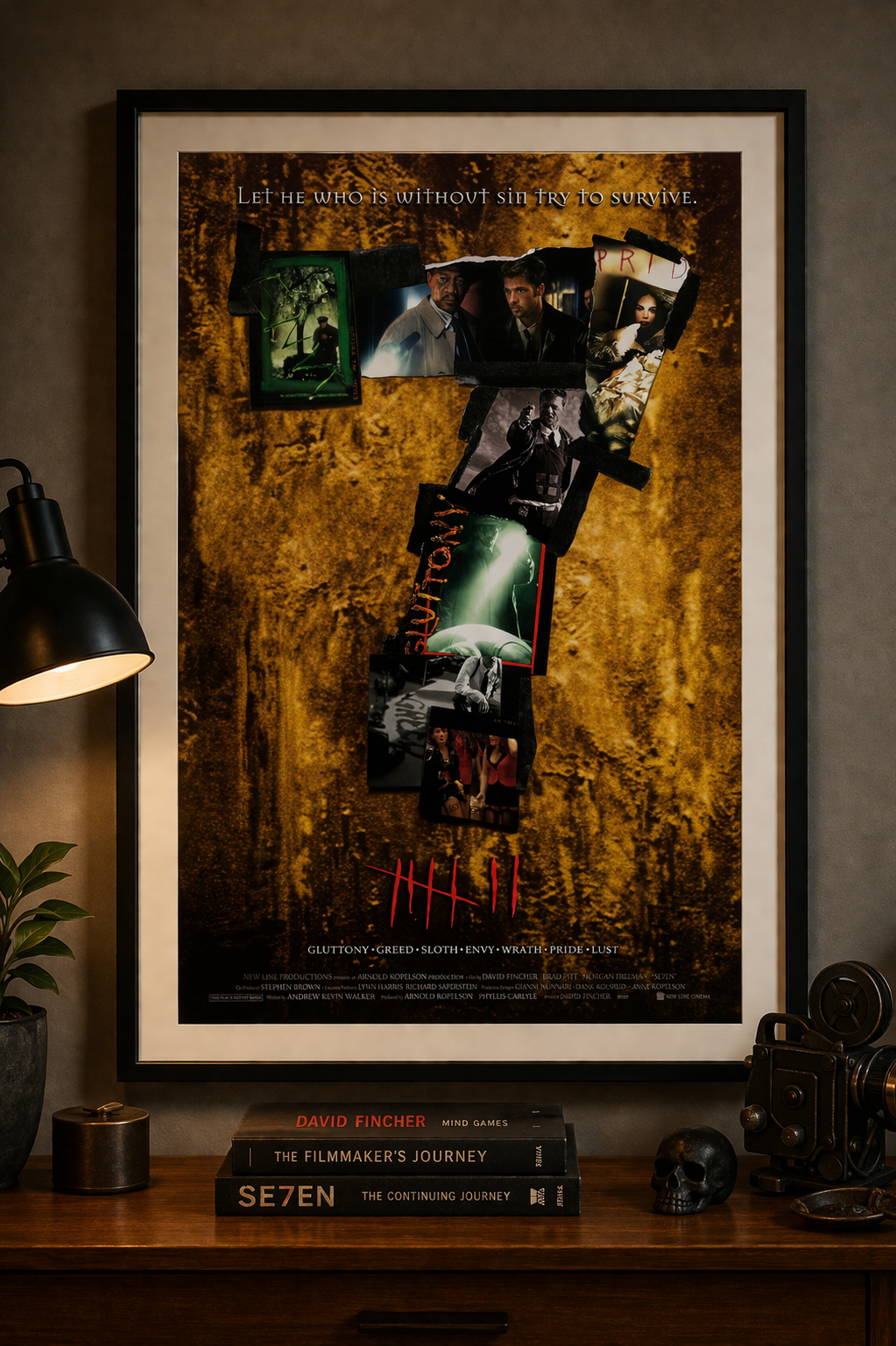 Affiche du film Se7en (1995) de David Fincher avec Brad Pitt et Morgan Freeman. Thriller culte sombre et iconique. Reproduction HQ – Poster Hub.