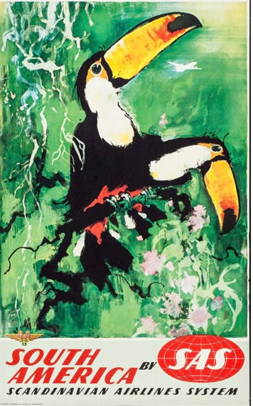 Affiche vintage South America par SAS (années 50). Illustration exotique avec toucan. Poster voyage rétro. Reproduction HQ.