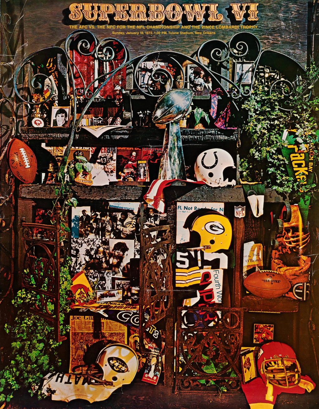 Affiche officielle du Super Bowl VI de 1972. Poster NFL vintage avec trophée Lombardi et ambiance rétro. Reproduction haute qualité.