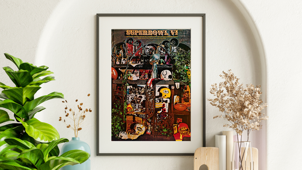 Affiche officielle du Super Bowl VI de 1972. Poster NFL vintage avec trophée Lombardi et ambiance rétro. Reproduction haute qualité.