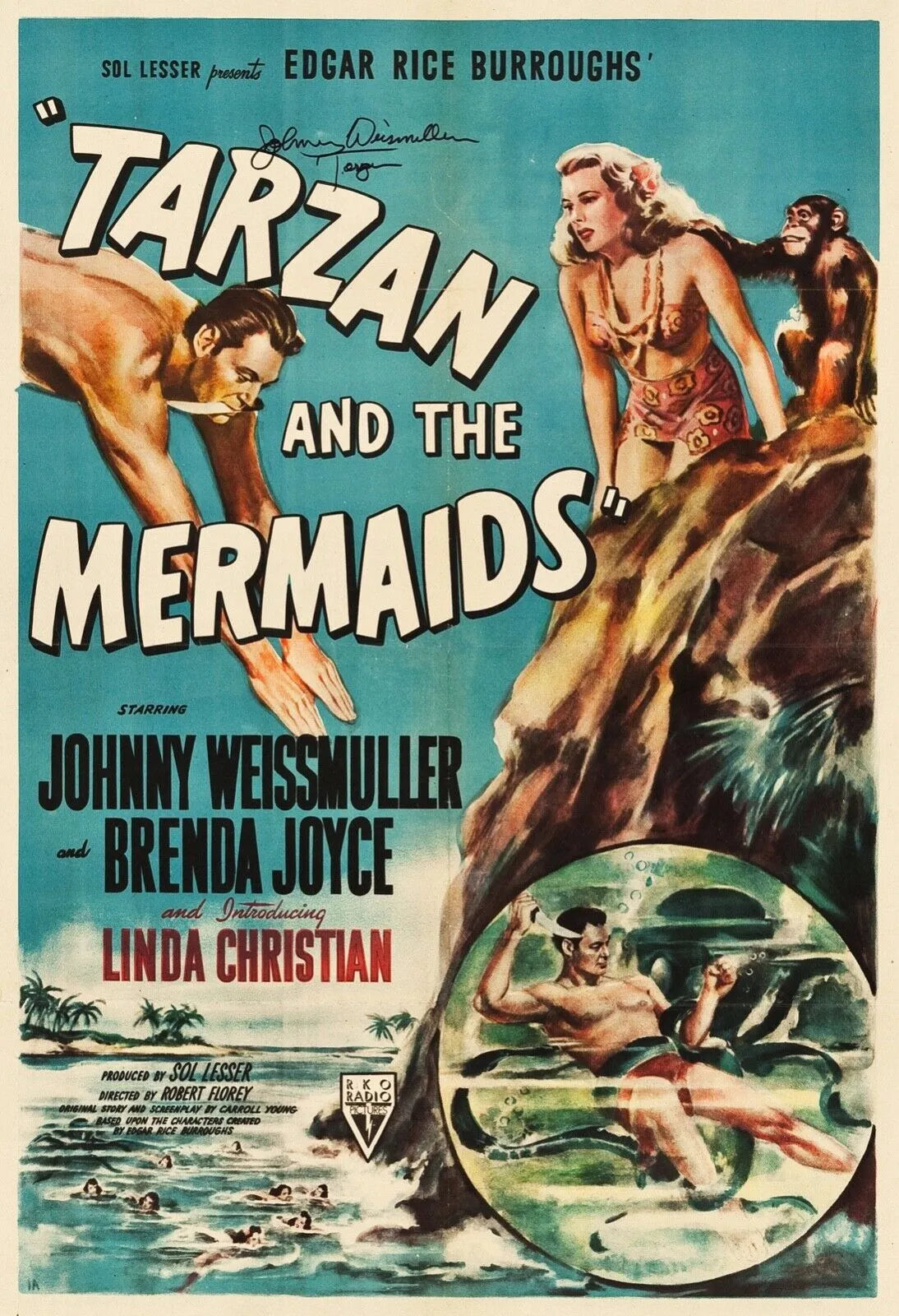 TARZAN ET LES SIRÈNES, TARZAN AND THE MERMAIDS, JOHNNY WEISSMULLER, 1948, REPRO AFFICHE CINEMA VINTAGE POSTER HQ