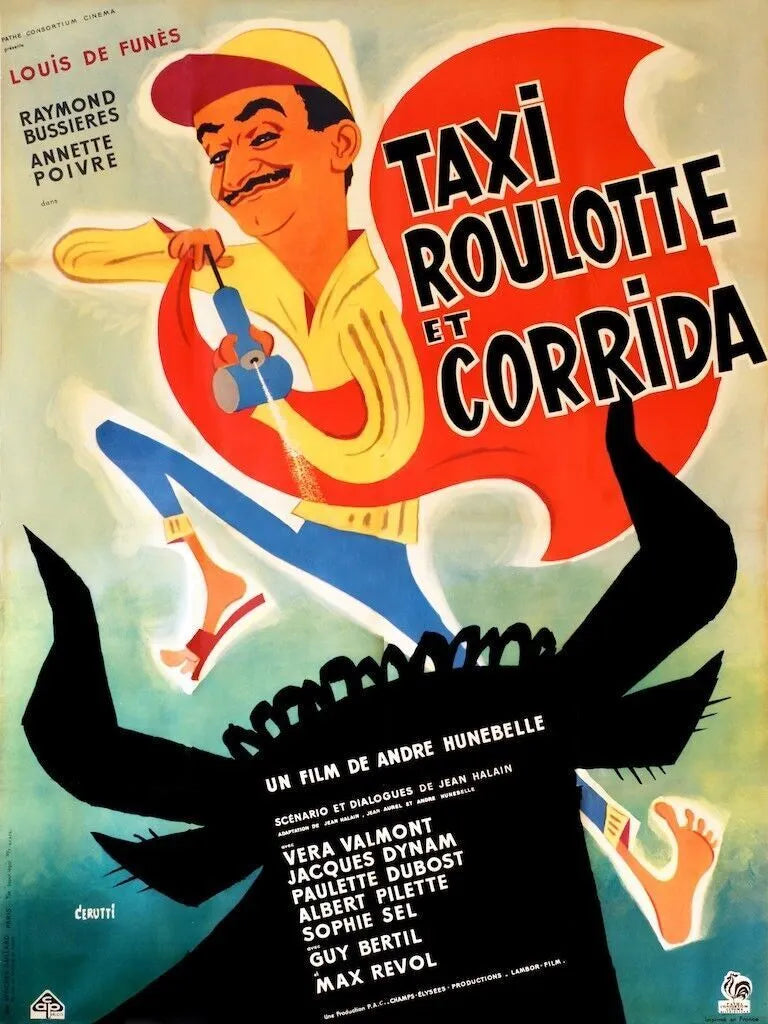 CARAVANA DE TAXI Y CORRIDA DE TOROS, LOUIS DE FUNÈS, 1958, Reproducción cartel de cine, HQ