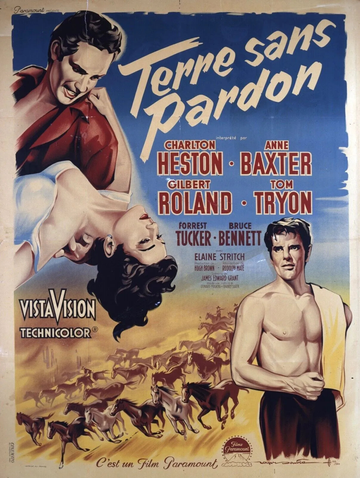 TERRE SANS PARDON, CHARLTON HESTON, 1956, REPRO AFFICHE CINÉMA VINTAGE, HQ